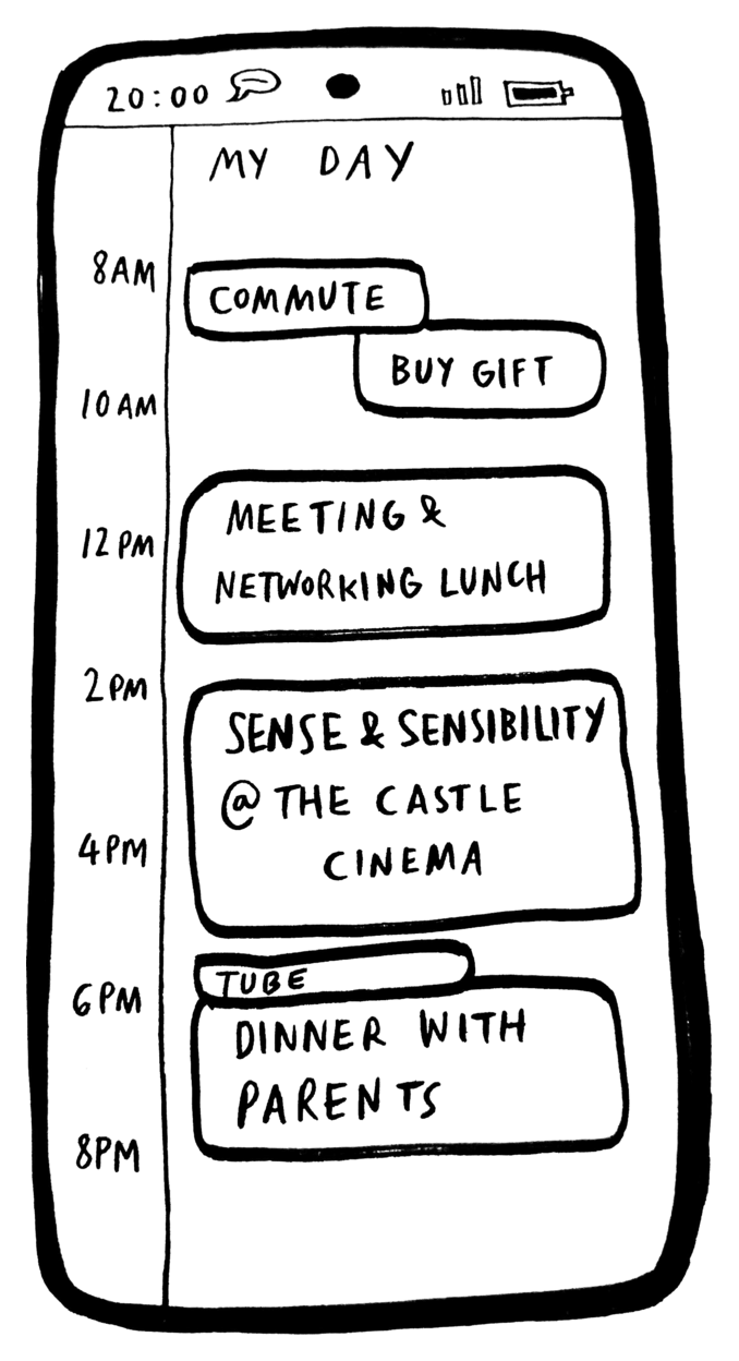 Hand-drawn phone screen showing a day planner with a cinema screening pencilled in alongside other appointments