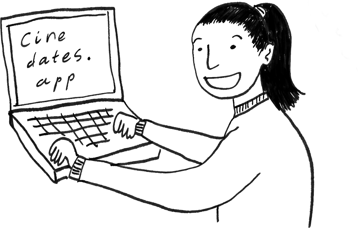 A sketched woman smiling at a laptop whose screen reads “Cine dates. app”
