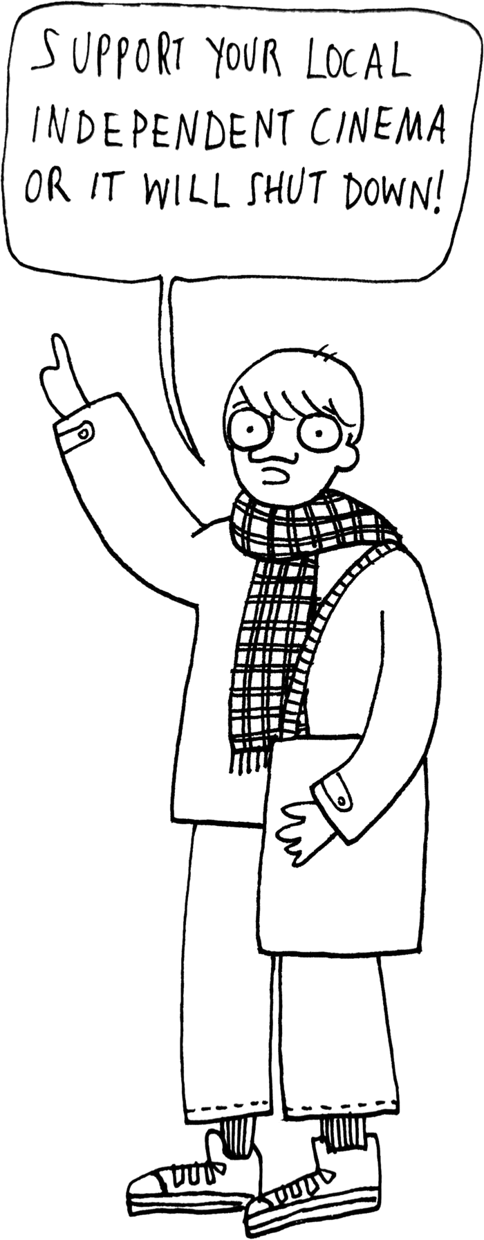 Hand-drawn figure pointing at a speech bubble about supporting local independent cinema